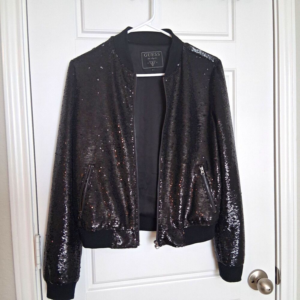 GUESS Women's Black Sequin Bomber Jacket Zip Front Pockets Lined Size S